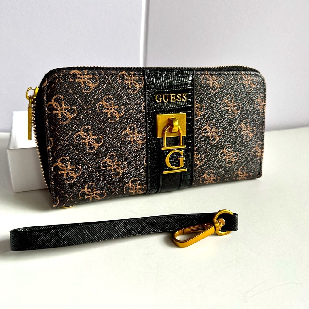 Guess Wallet Monogram Zip-Around Wallet with Gold G Charm – Black/Brown Logo
